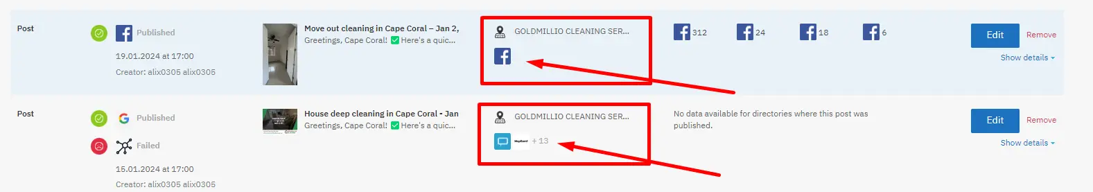 Лістинги Serpstat Local SEO, що підтримують постинг