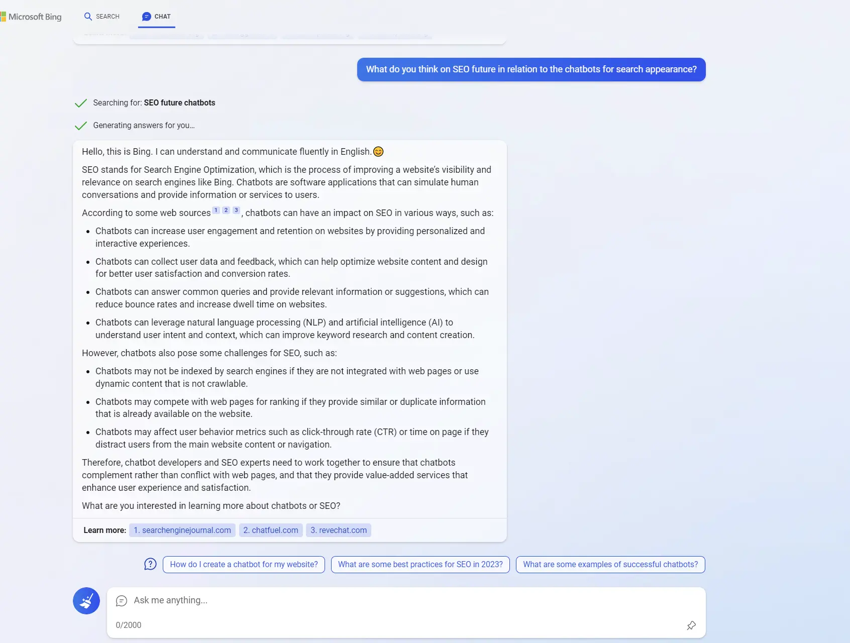 The ability of AI chatbots to offer search suggestions