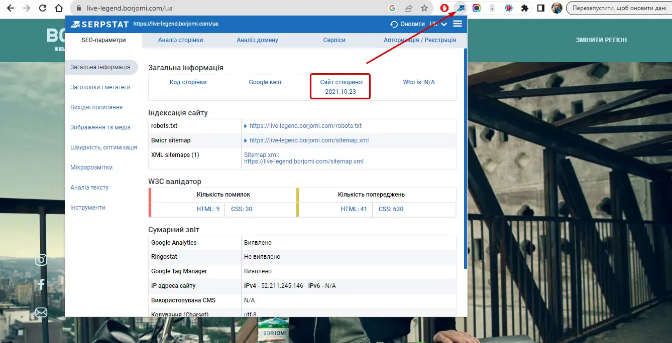 Whois та вік сайту з Serpstat SEO Checker