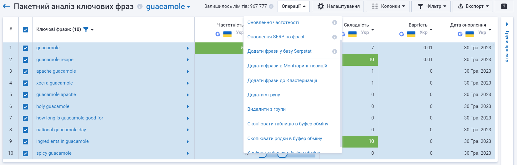 Операції з ключовими фразами