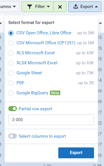 Export options in Serpstat