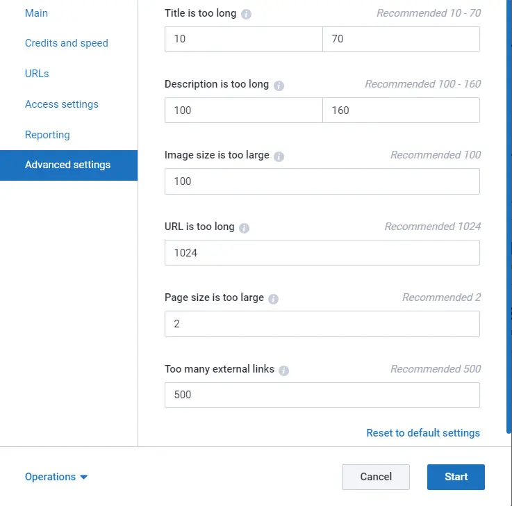 Site Audit settings