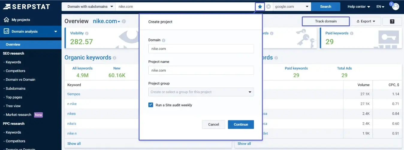 Creating a Project in Serpstat