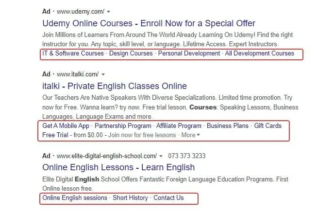 Extensions in advertisements