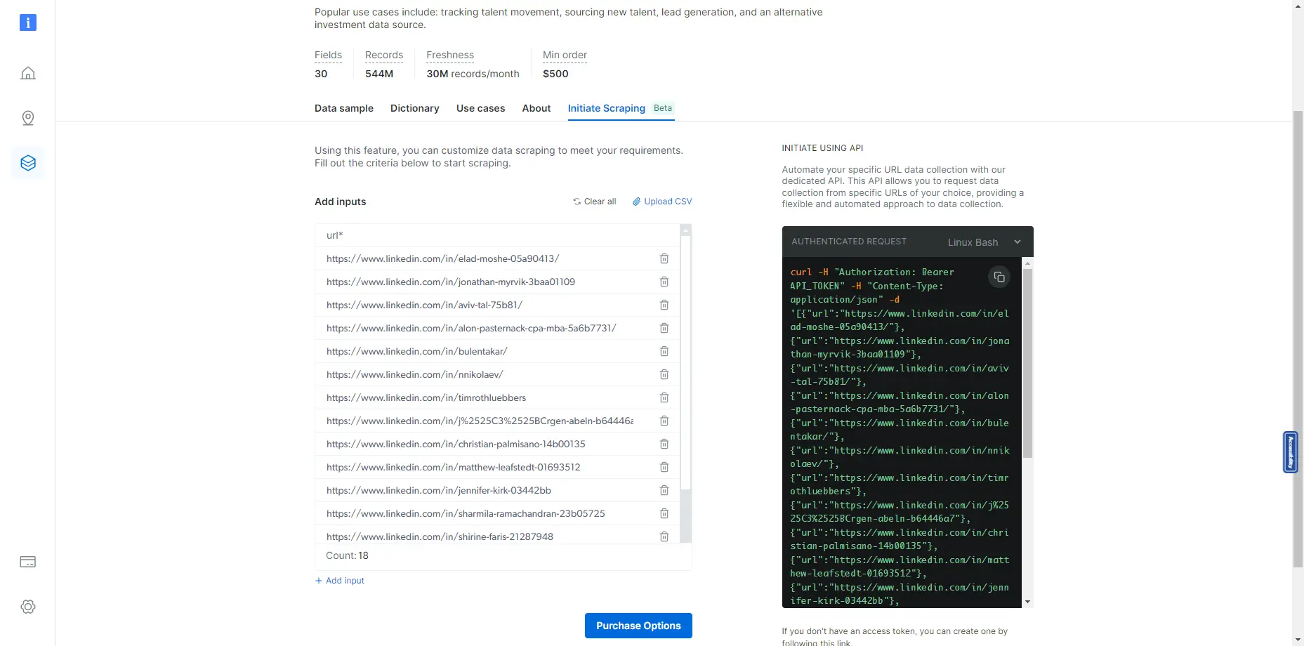 Interface of Bright Data API tool for SERPs crawling