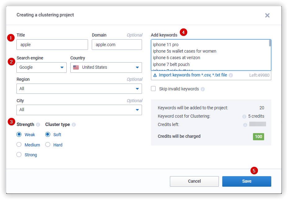 Set preferable settings before starting the clustering process.
