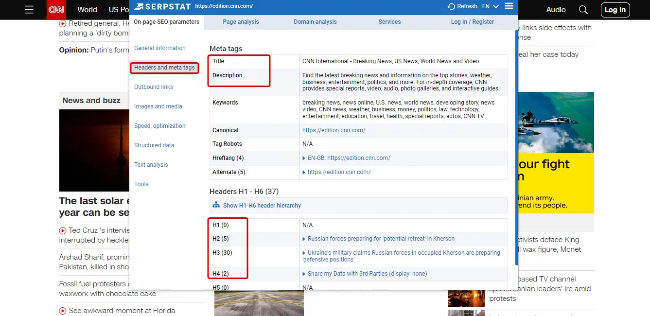 Headings and Meta Tags tab