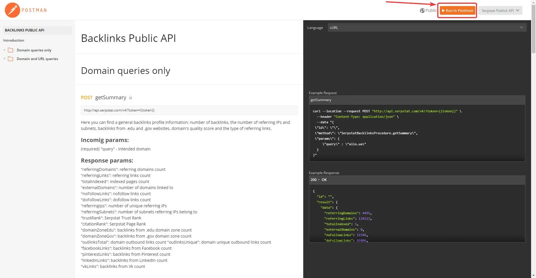 Interface of Serpstat API tool for SERPs crawling.