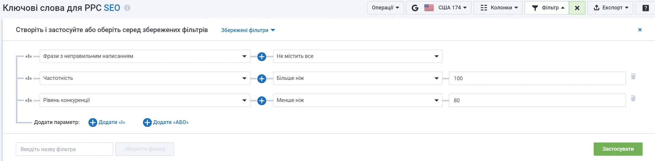 Фільтр по параметру Рівень Конкуренції