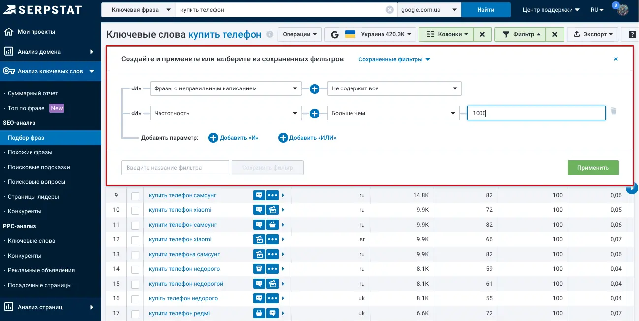 Serpstat Фильтры