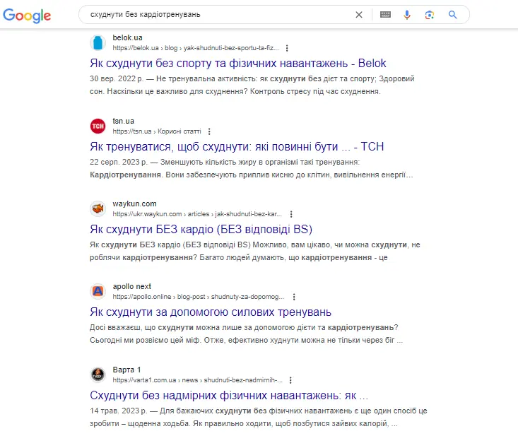 Google «схуднути без кардіотренувань»