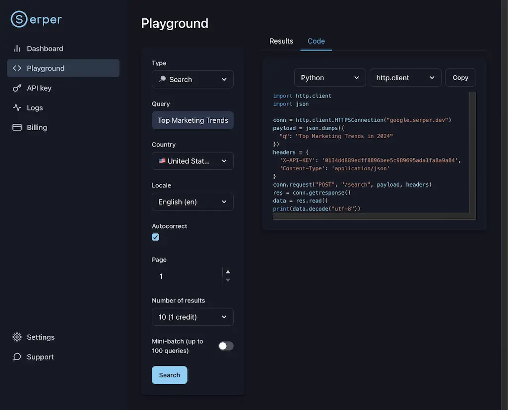 Interface of Serper API tool for SERPs crawling