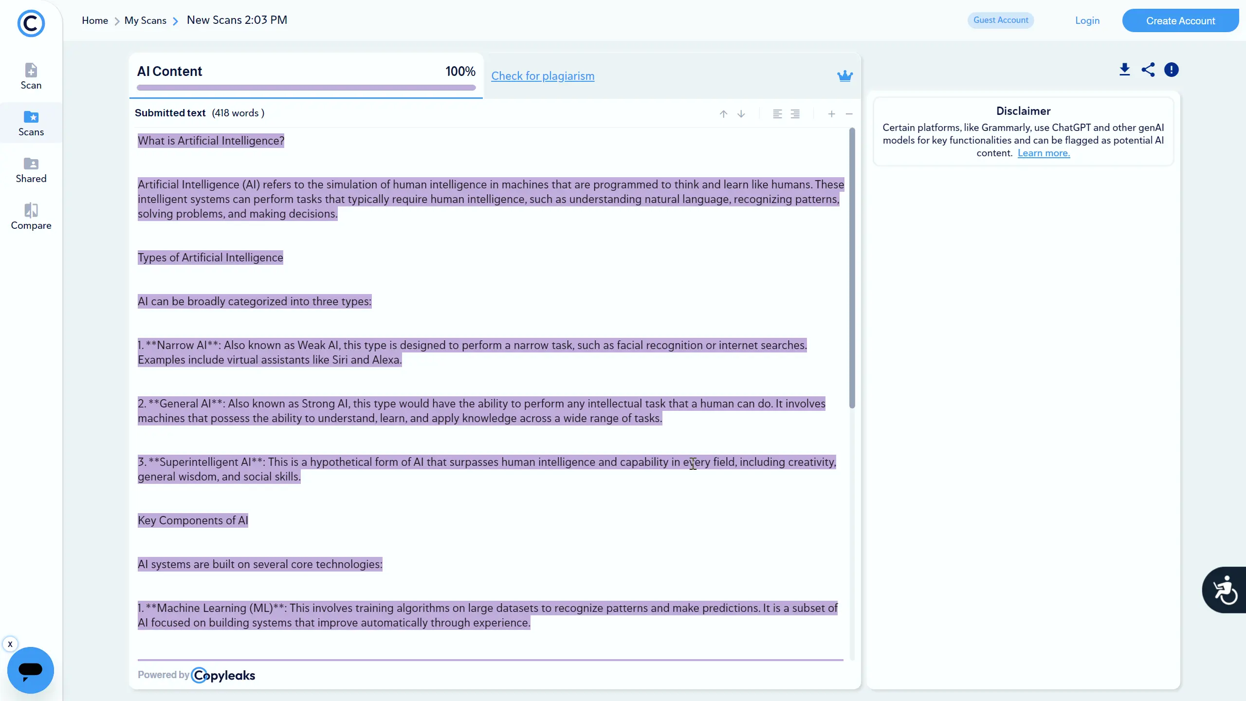 Results of the scan of an entirely generated article