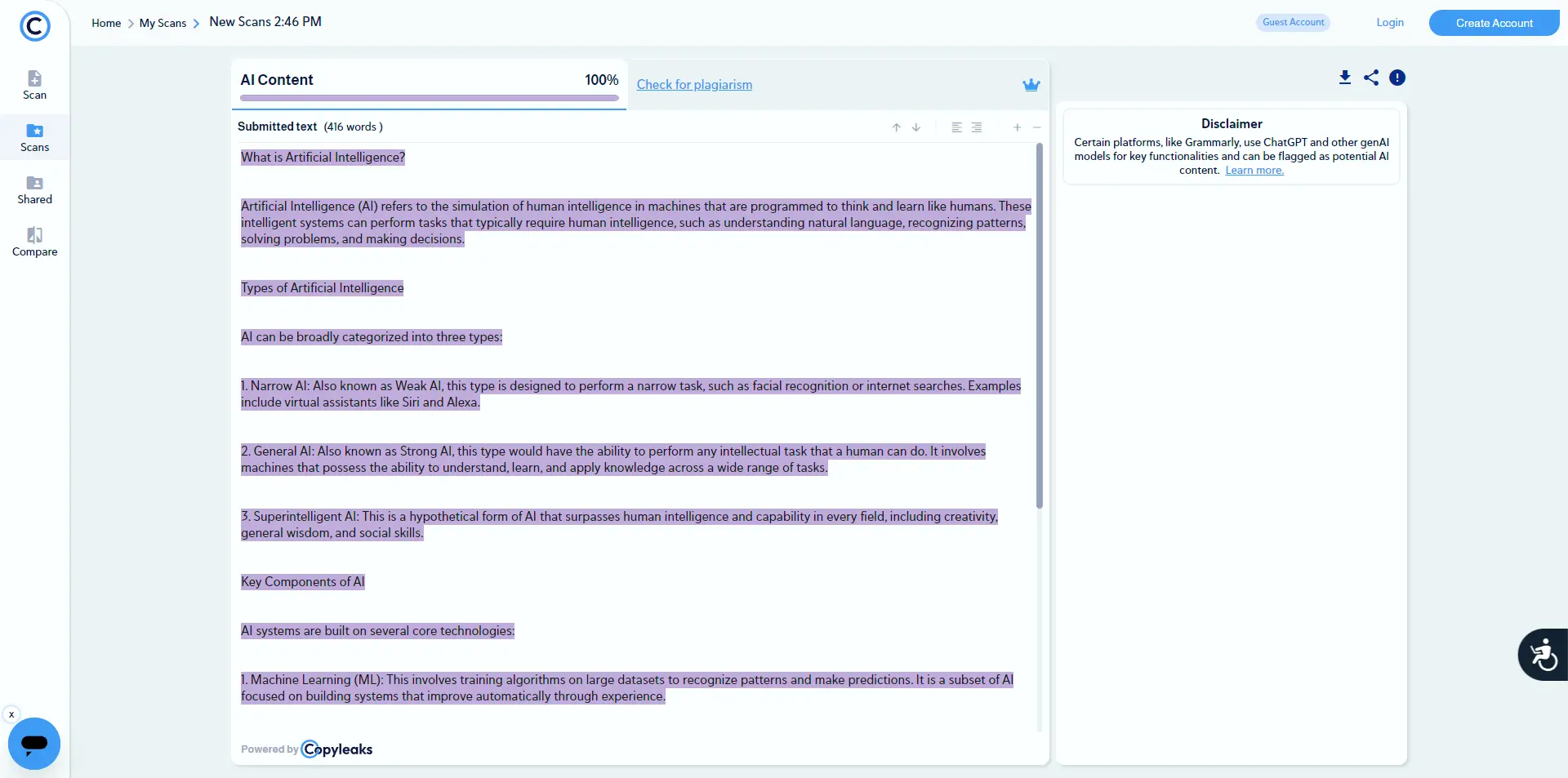 Results of the scan of the mixed text
