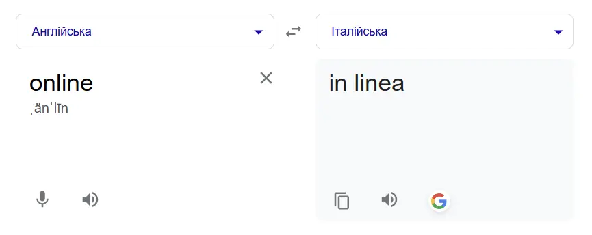 Google Translator перекладає слово "online" на італійську