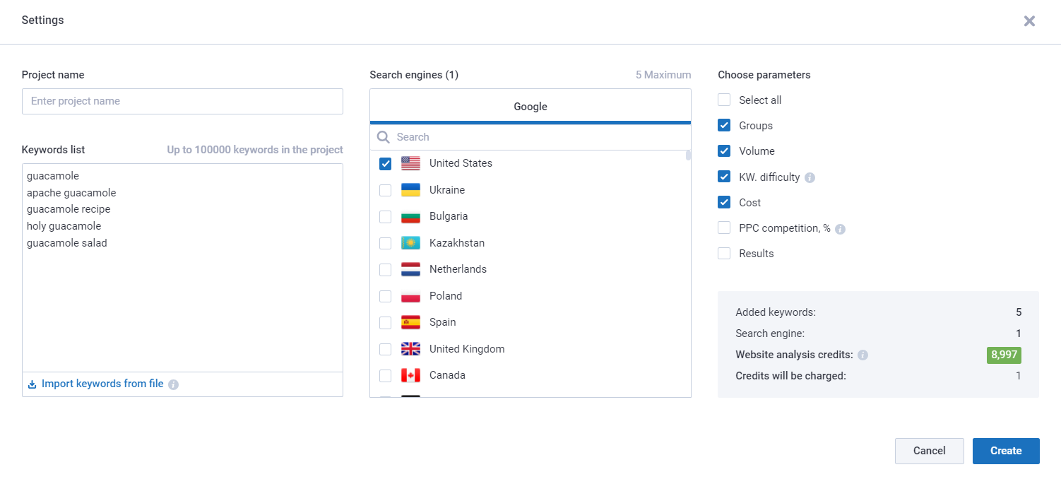 Project settings window