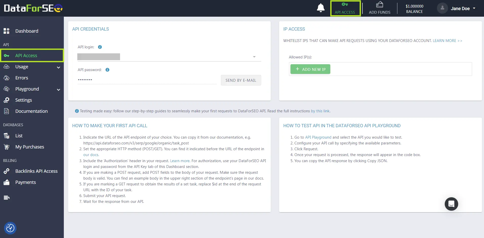 Interface of DataForSEO API tool for SERPs crawling