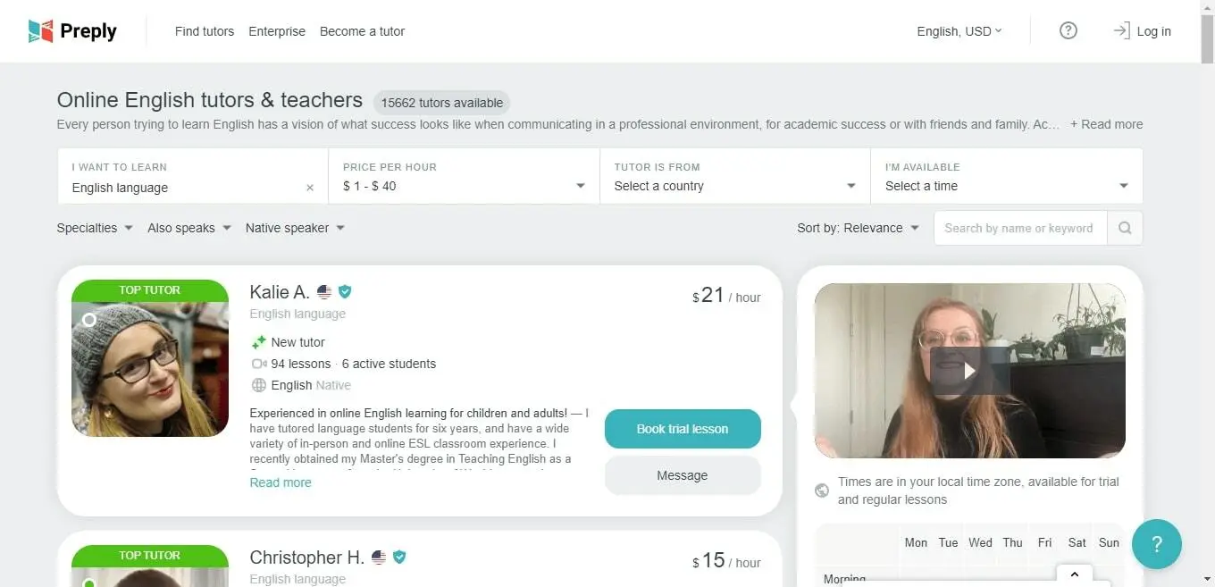 The landing page of preply.com