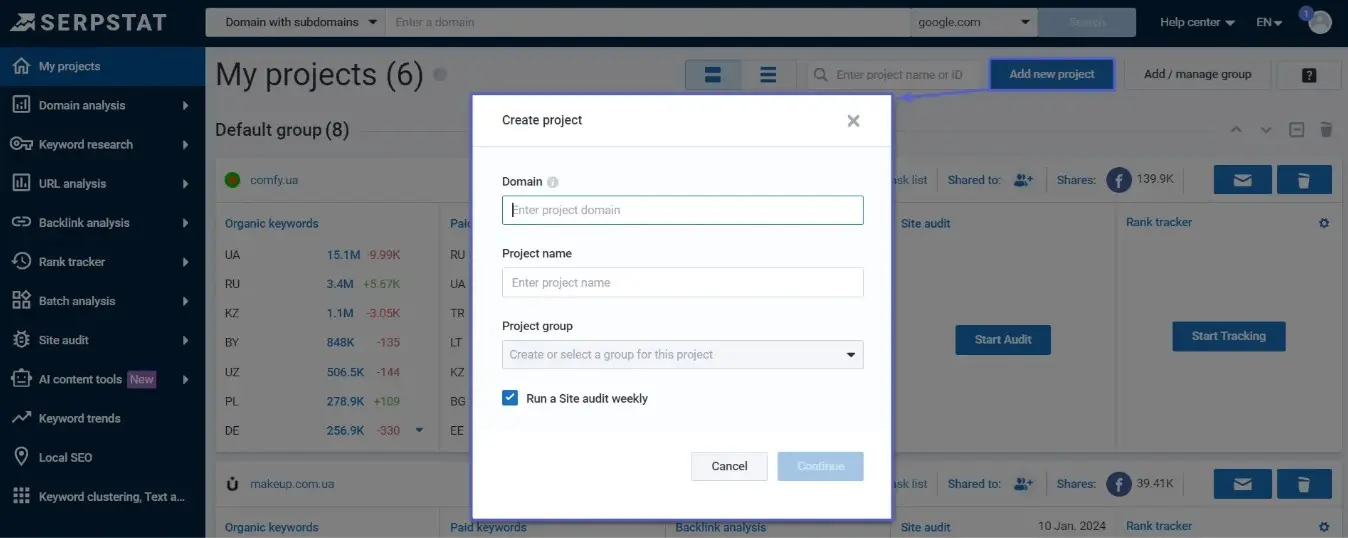 Creating a New Project in Serpstat