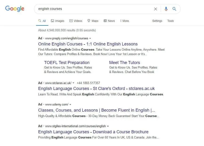 Paid search results Google