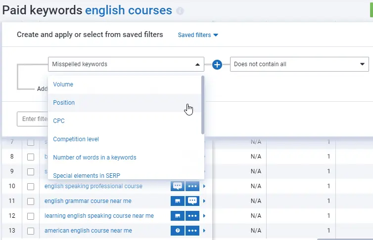 Keyword research filters
