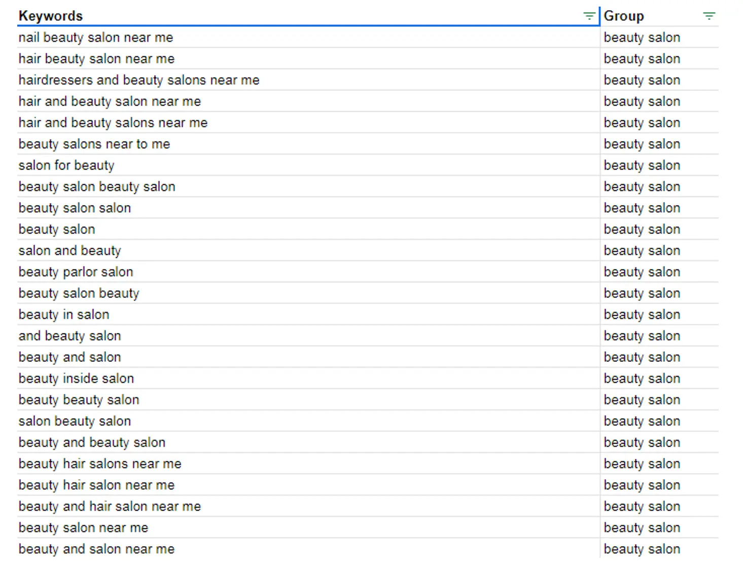 “Keyword data (initial input)” section view