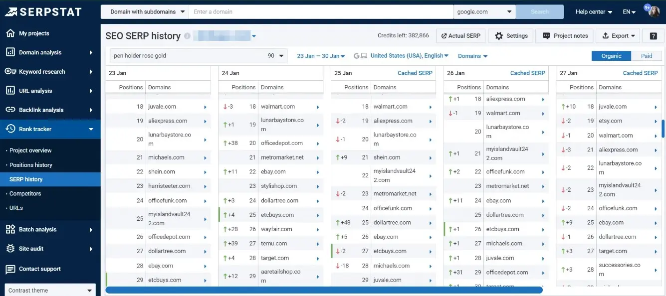 SEO SERP History Report in Serpstat