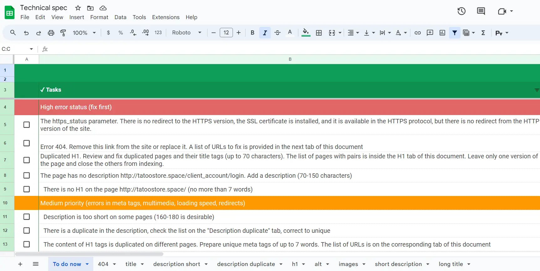 Technical specs for a developer based on Serpstat audit results