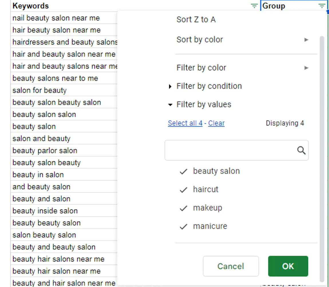 Filter in the section “Keyword data (initial input)”