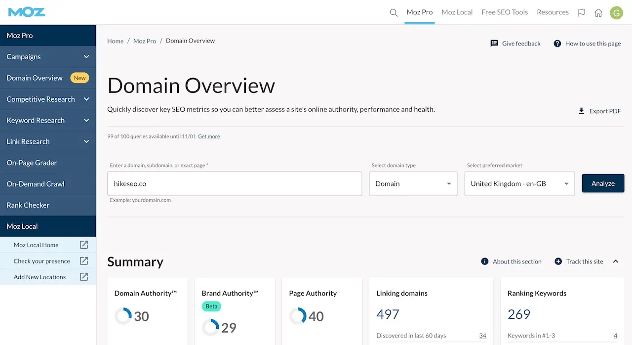 MOZ interface.
