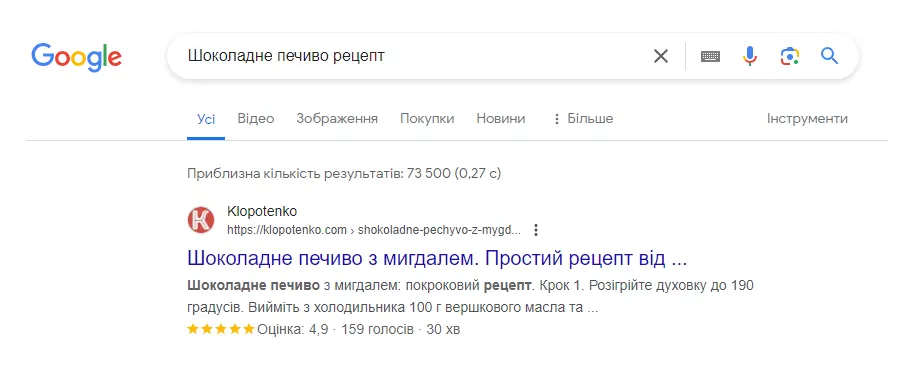 Приклад вигляду сайту з мікророзміткою у видачі