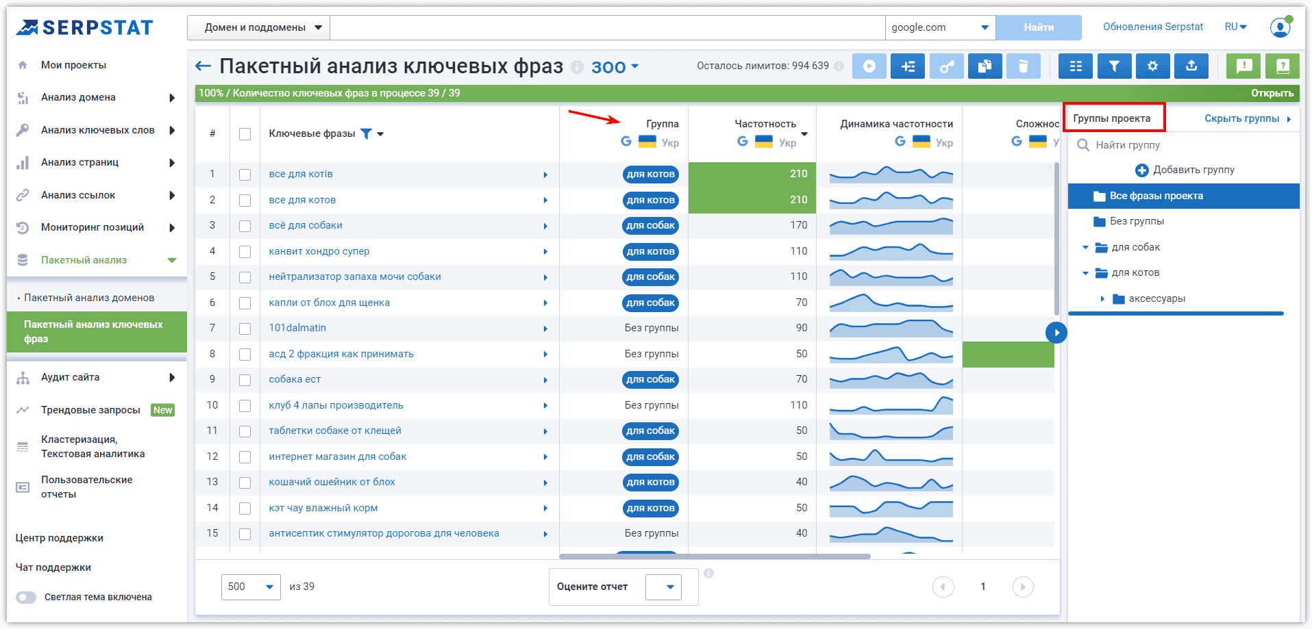 Пакетный анализ ключевых фраз, группы проекта