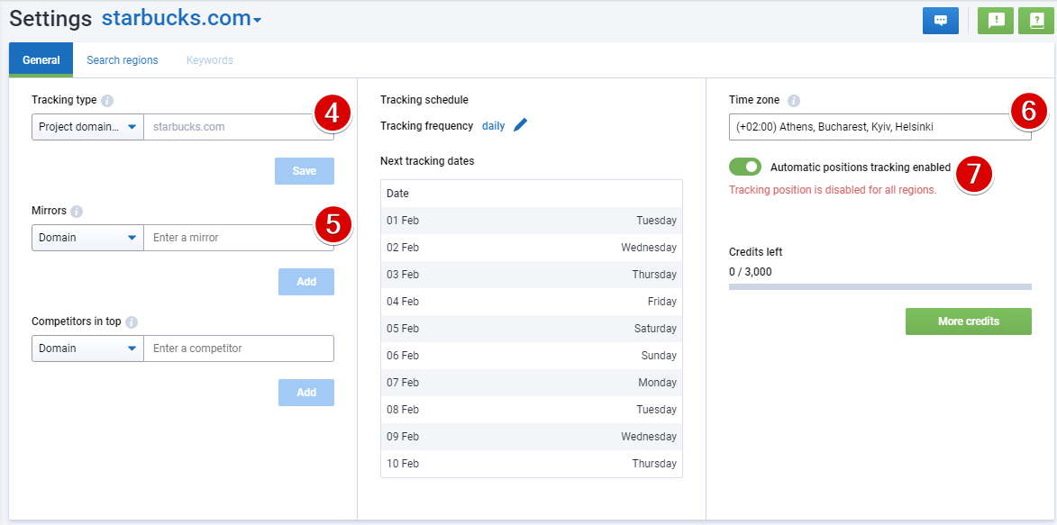 Serpstat Rank Tracker tool settings