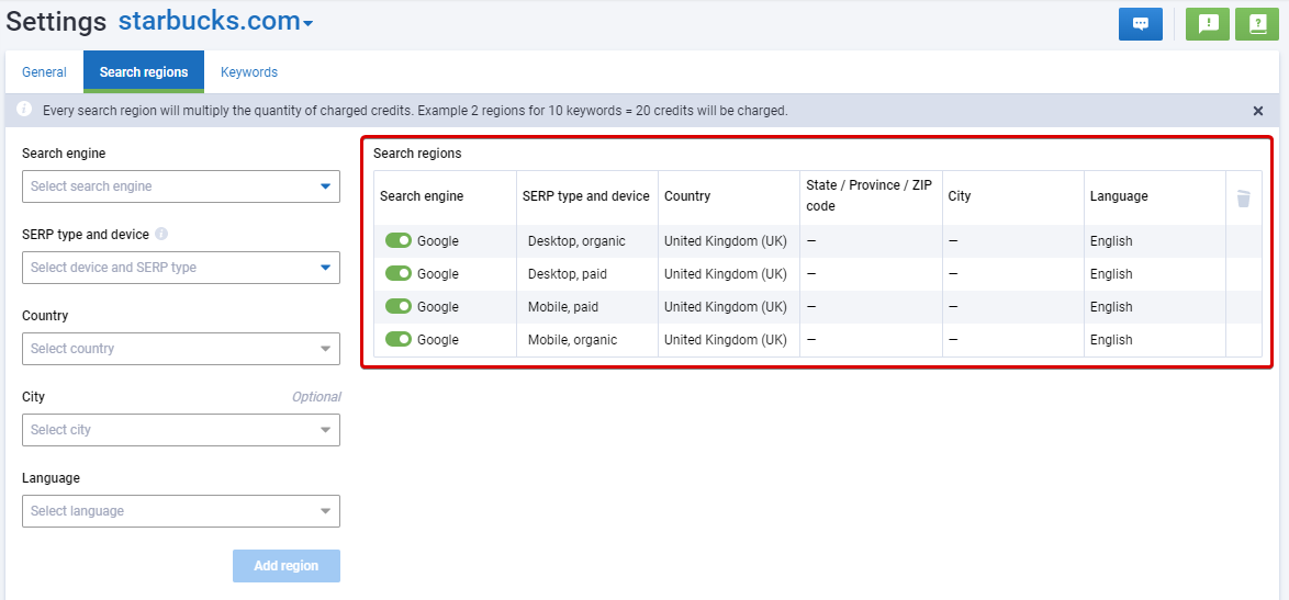 Serpstat Rank Tracker tool search region settings