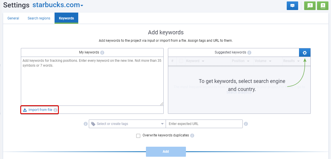 Serpstat Rank Tracker tool keyword settings