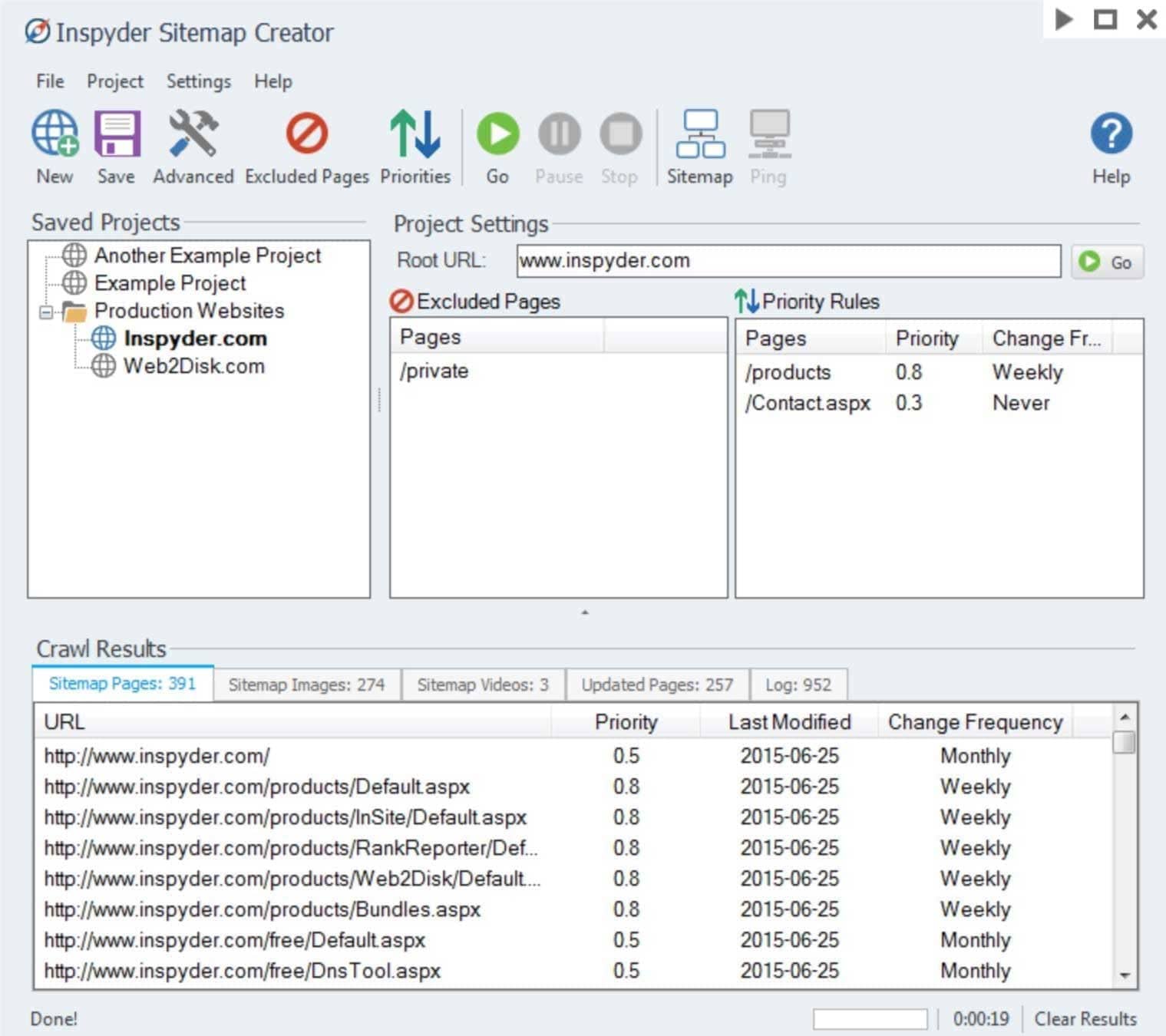 creating a xml sitemap using Inspyder