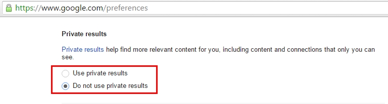 Google search private results settings
