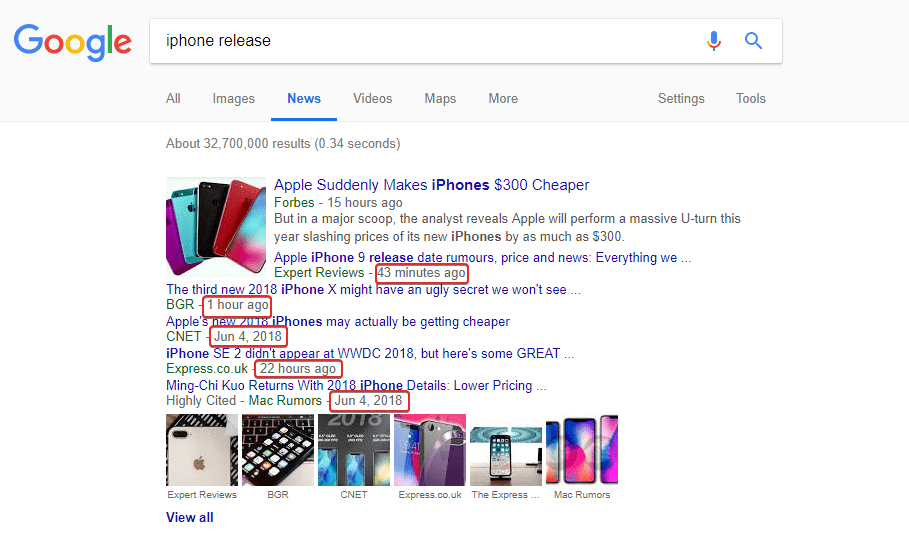 Iphone release SERP example