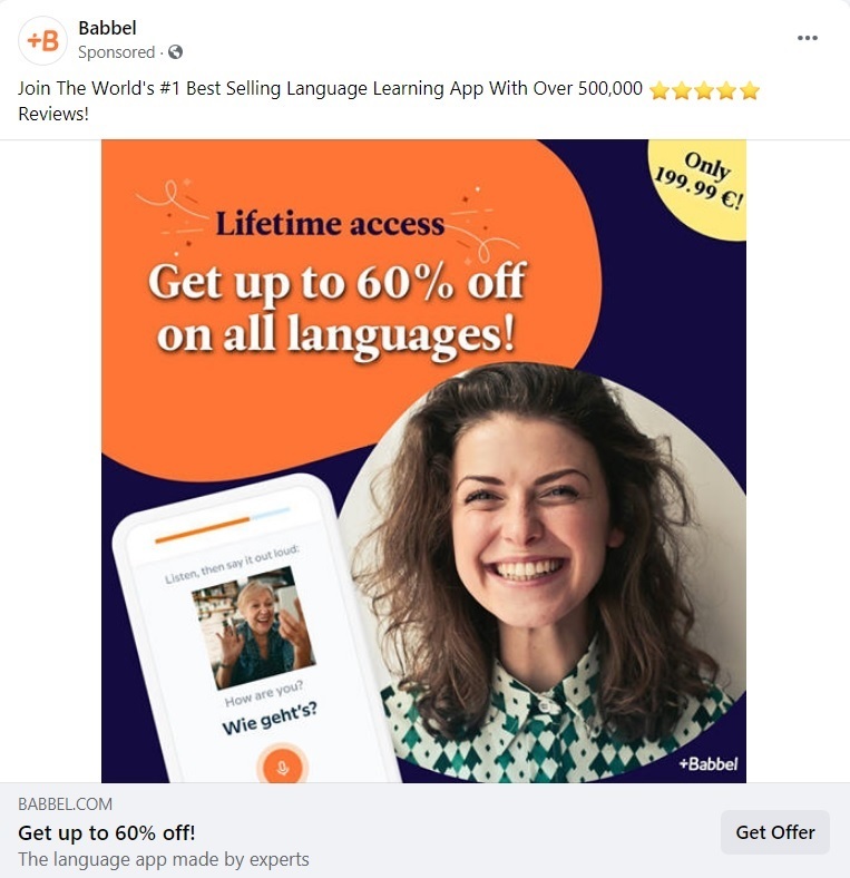 Babble Facebook Ad: Keywords "ifetime access and 60% off" and "Get Offer" CTA Button