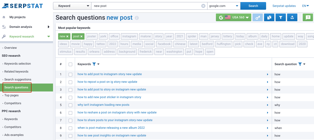 Serpstat's Keyword Research tool. Search Questions.><meta itemprop=