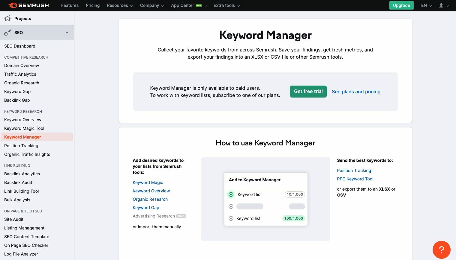 semrush keyword manager