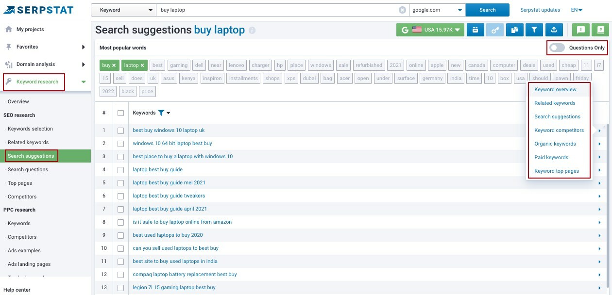 Search Suggestions, Serpstat