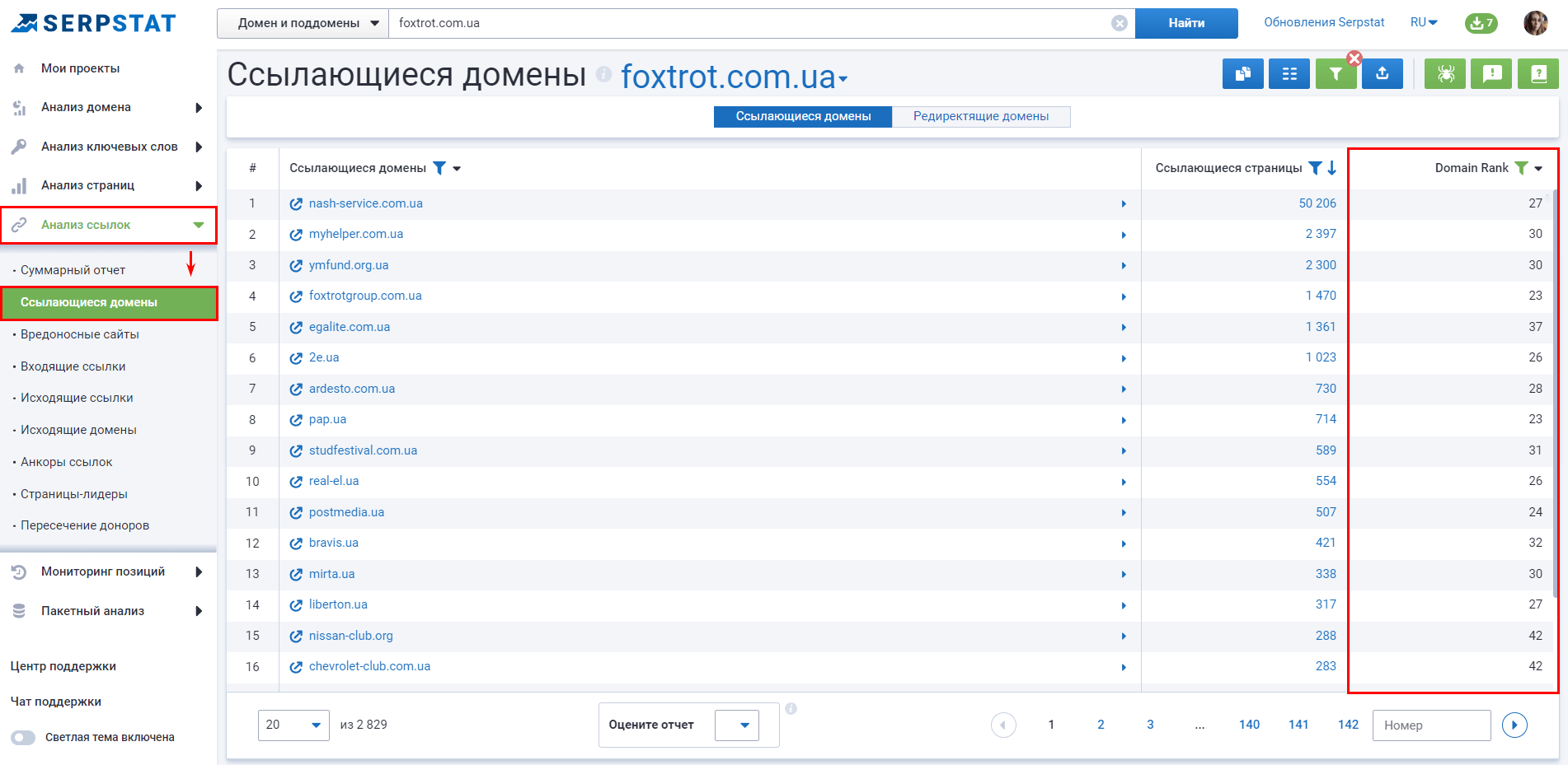 Ссылающиеся домены Serpstat