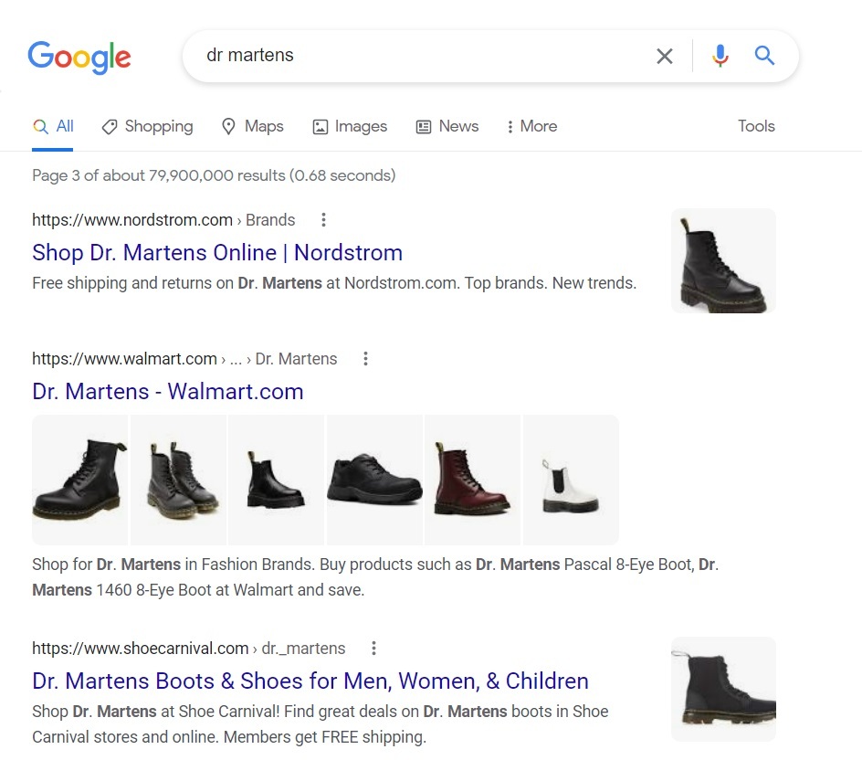 Looking for competitors in organic search results by a target keyword (we used "dr martens" query for this screenshot).