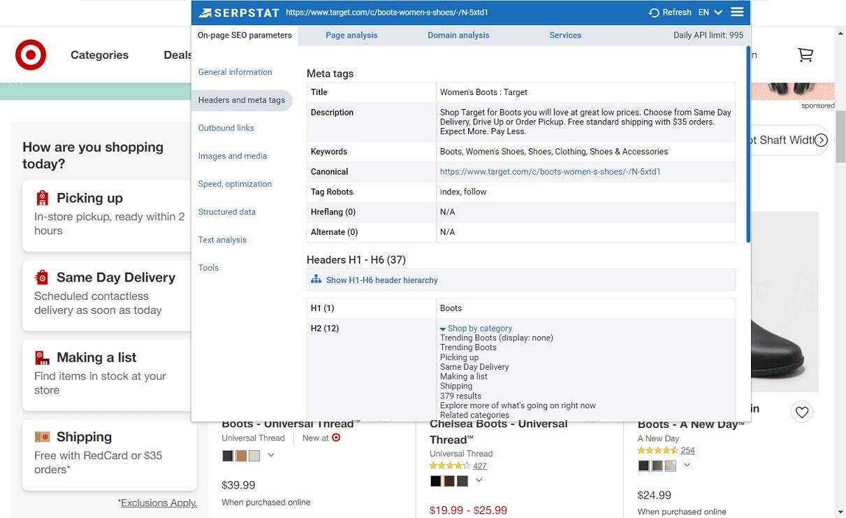 Serpstat Website SEO Checker extension: view metatags and headings on the webpage.
