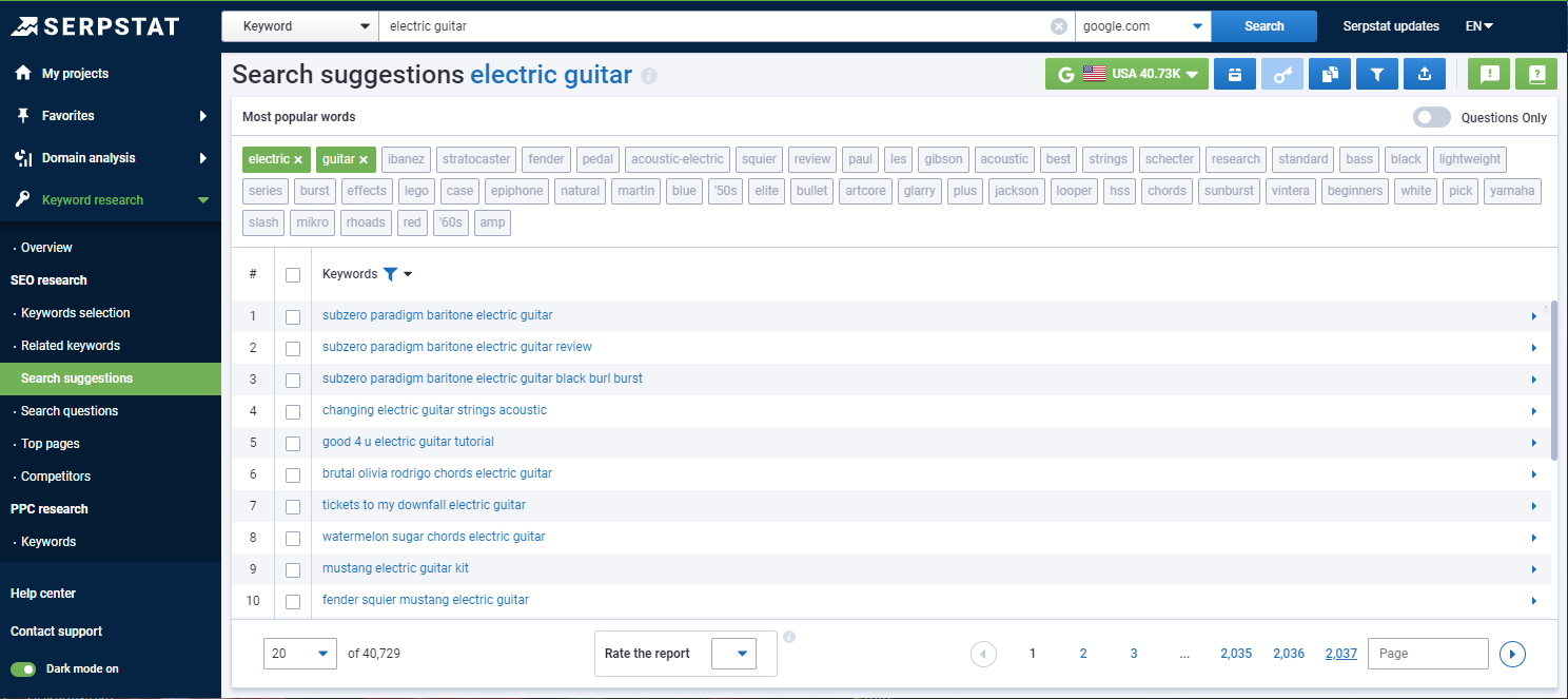 Search Suggestions report: keywords that the search engine shows under the search bar when users type in their requests.