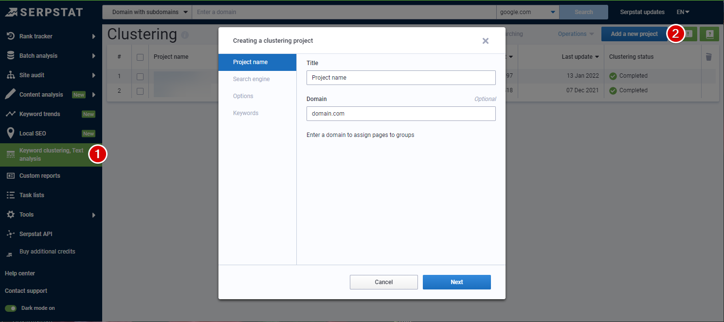 Serpstat Keyword Clustering settings