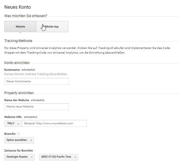 Google Analytics Erstellung des neuen Kontos
