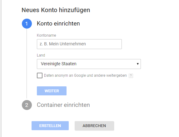 Google Analytics Einrichtung des neuen Kontos