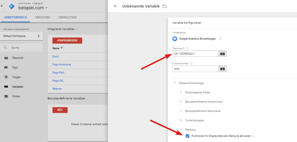 Einstellung der Variable in Google Analytics